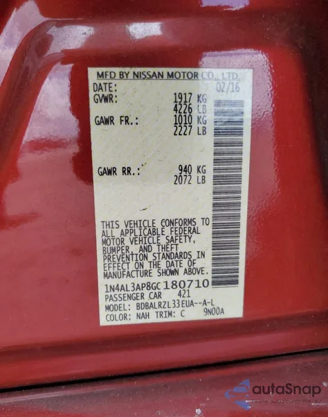 2016 Nissan Altima 2.5 from USA, damaged, VIN 1N4AL3AP8GC180710